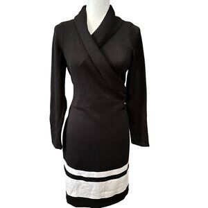 Lauren Ralph Lauren Black Wrap Sweater Dress XL With White Stripes & Side Buckle